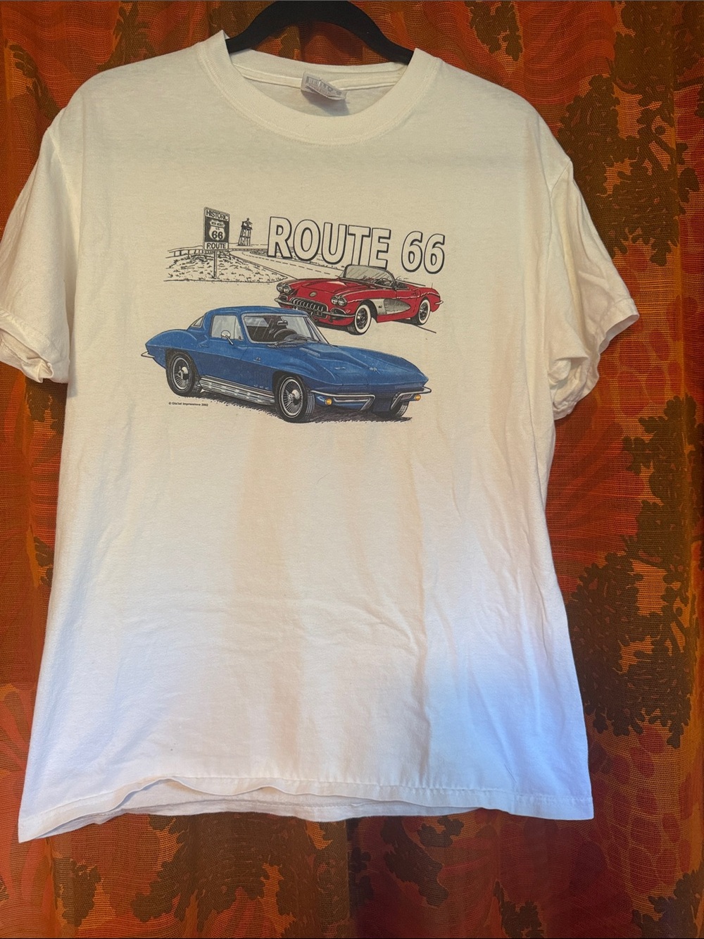 Vintage Y2K Route 66 Graphic Tee - White with Blue & Red Car Print